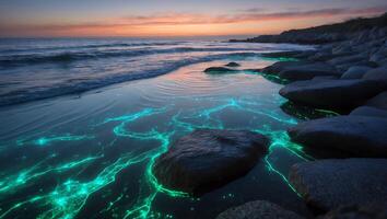 Glowing Beach Waves Lapping Shore with Stones at Colorful Sunset photo