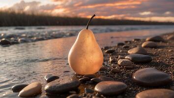 Pear Standing on Stony Shore at Sunset Reflecting Golden Light photo