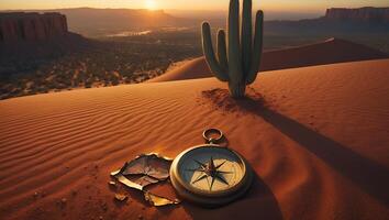 Compass and Torn Map on Desert Sand Dune at Sunset photo