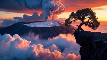 Volcano Erupting at Sunset with Tree on Cliff Edge Above Clouds photo