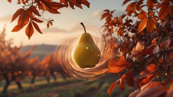 Floating Pear Surrounded by Autumnal Foliage and Magical Energy Field photo