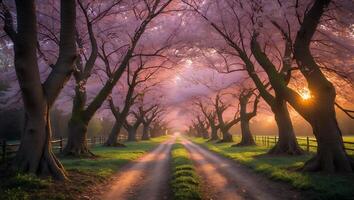 Pathway with Blossoming Trees and Sunlight Creates a Serene Landscape photo