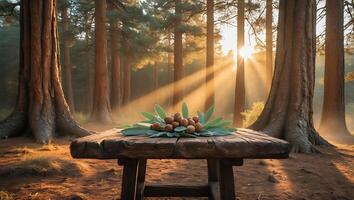 Arrangement of Nuts and Leaves on Wooden Table in Forest photo