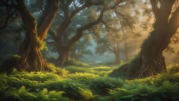 Enchanting Forest Scene with Ferns and Sunlight Streaming Through Trees photo