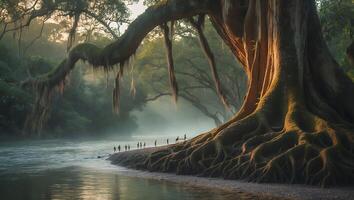Giant Tree with Exposed Roots by Riverbank in Tropical Landscape photo