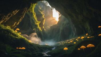 Illuminated Mushrooms Grow in Forest Cave with Fog and Sunlight photo