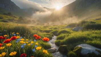 Tranquil Mountain Valley with Wildflowers and Stream at Sunrise photo