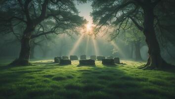 Stone Circle in Forest Meadow with Sunrise and Mystical Light photo