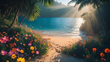 Tropical Beach Scene with Colorful Flowers and Morning Sunlight photo
