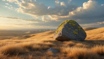 Large Rock Formation in Golden Grassy Hills Under a Cloudy Sky photo