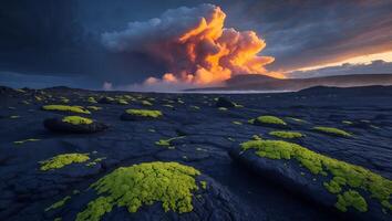 Lava Field Landscape with Green Moss and Dramatic Clouds at Sunset photo