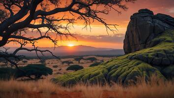 Savanna Landscape at Sunset with Trees, Rock Formation and Golden Light photo
