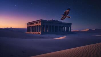 Eagle Flying Near Old Temple Ruins in Desert Under Starry Sky photo