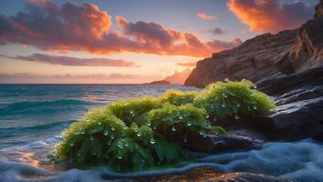Coastal Plants with Water Droplets at Sunset by the Ocean photo