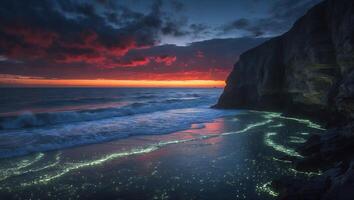 Ocean Waves at Sunset Glowing with Bioluminescence Near Rocky Cliff photo