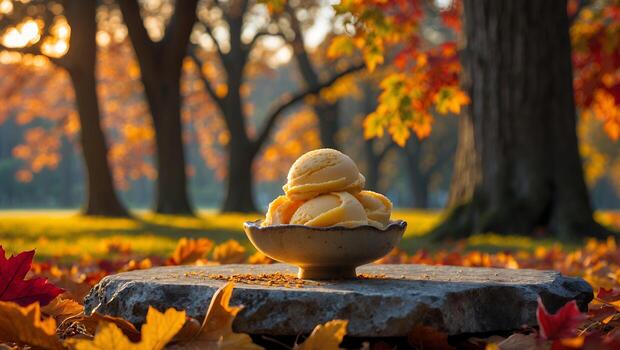 Delicious Ice Cream Scoops in Autumn Park Setting on Stone Slab photo