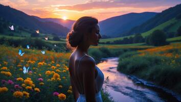 Woman Contemplating Nature by Flowing Stream at Sunset with Butterflies photo