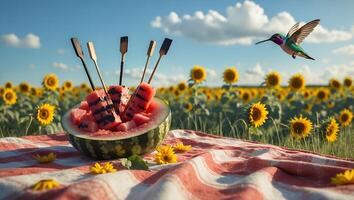 Enjoying Watermelon Picnic in Sunflower Field with a Flying Bird photo