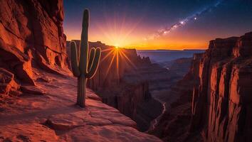Scenic Desert Canyon Landscape with Cactus and Sunset Starburst View photo
