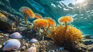Underwater Sea Life with Mushroom Coral and Shells on Seabed photo