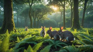 Rabbits Exploring Forest Floor with Ferns and Sunlight Filtering Through Trees photo