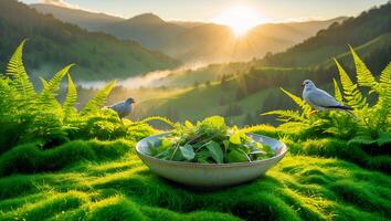 Salad Bowl Outdoors with Birds and Scenic Mountain Sunrise View photo