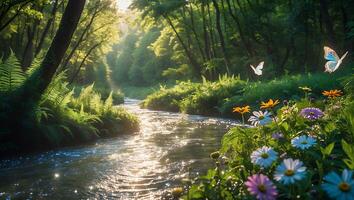 Gentle River Flowing Through Sunny Forest with Butterflies and Wildflowers photo