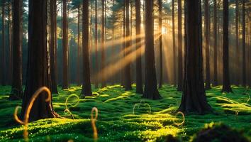 Sunlight Streaming Through Dense Forest with Lush Green Ground Cover photo