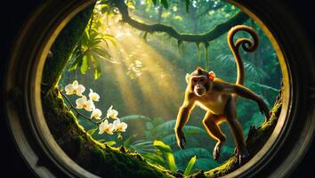 Monkey Leaping Through Jungle Vines and Light Framed by Window photo
