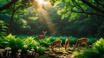 Deer Grazing in Forest Meadow with Sunlight Streaming Through Trees photo