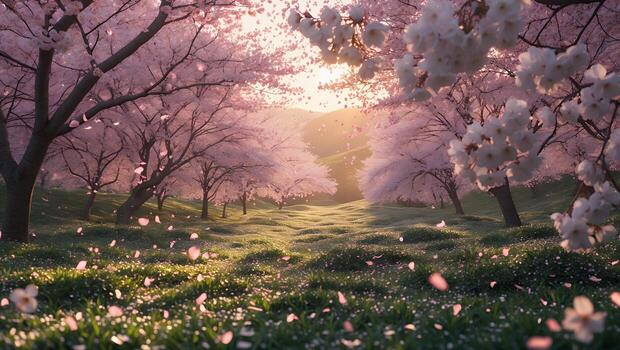 Blossom Trees in Bloom with Petals Falling on Grassy Field photo