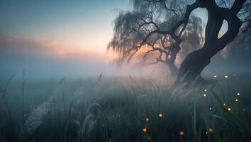 Tree in Foggy Meadow at Dusk with Gentle Light and Grass photo