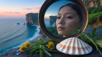 Woman's Reflection in Mirror with Coastal Scenery and Seaside Elements photo