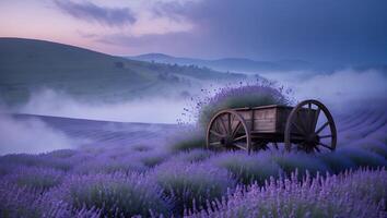 Lavender Field with Fog and Old Cart at Dusk Serene Landscape photo