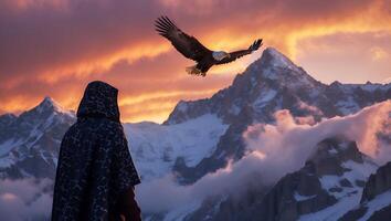 Person Watching Eagle Flying Over Snowy Mountain Peaks at Sunset photo