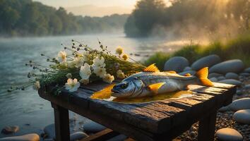 Fish on Table Near River with Flowers in Misty Morning photo