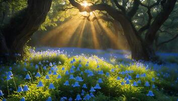 Sun Rays Shining Through Trees Onto a Bluebell Flower Field photo