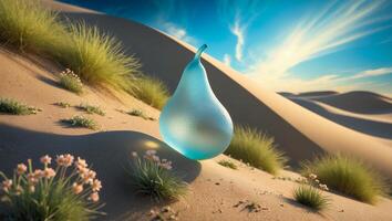 Floating Glass Pear in a Desert Oasis Under Bright Sky photo