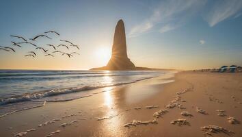 Ocean Beach at Sunset with Birds Flying Near Unusual Rock photo