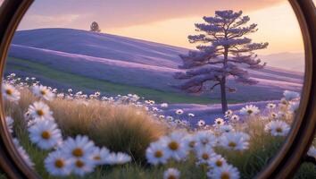 Field of Daisies and Lavender Hill Seen Through Circular Frame photo