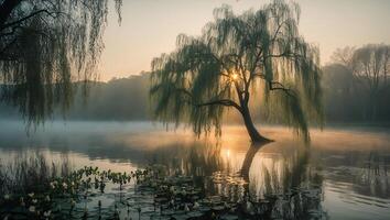 Willow Tree in Lake Reflecting Sunrise with Lily Pads and Mist photo