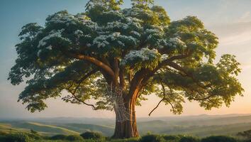 Large Tree with Flowers and Cobweb at Sunset Over Rolling Hills photo