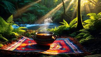 Steaming Soup on Rug in Forest with Sunlight and River photo