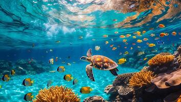 Turtle Swimming in Tropical Ocean with Coral Reef and Fish photo