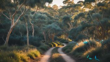 Winding Dirt Road Through Forest with Light Filtering Through Trees photo