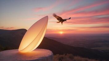 Hawk Flying at Sunset Near Illuminated Sculpture on Mountain Top photo