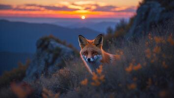 Red Fox in Meadow at Sunset with Mountain Landscape Backdrop photo