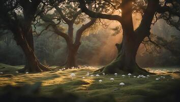 Sunlit Forest Meadow with Trees and White Mushrooms Landscape photo