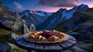 Croissants and Berries on Table with Mountain View at Dusk photo