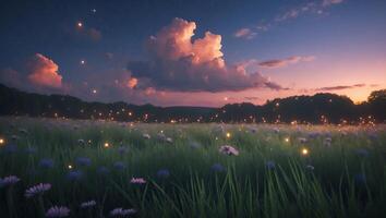 Flowers Blooming in Meadow at Dusk with Glowing Lights and Clouds photo